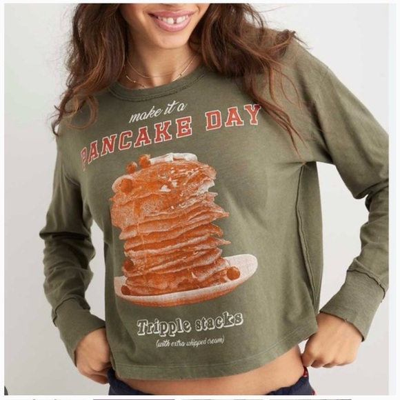 aerie Tops - Aerie | Womens Olive Green Make It A Pancake Day Long sleeve Crop Tee NWT XL